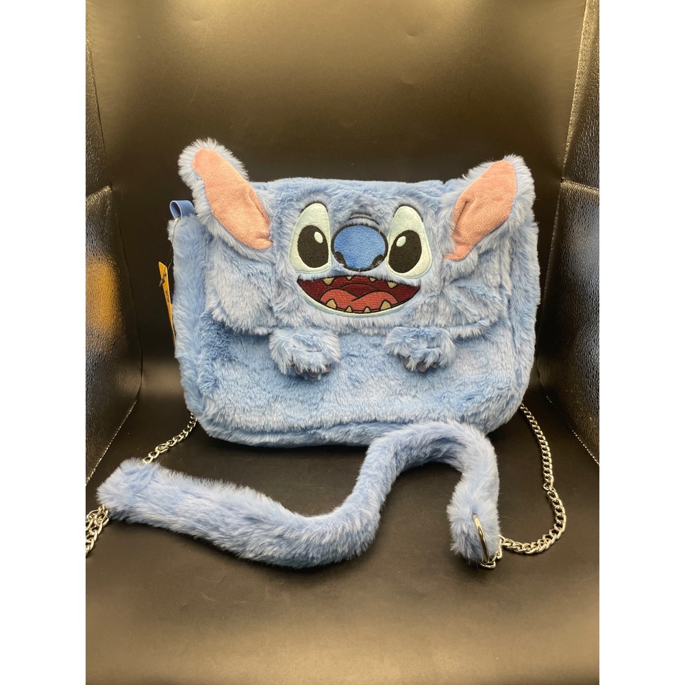 Disney Lilo & Stitch Blue Faux Fur Plush Crossbody Bag with Chain Strap NWT